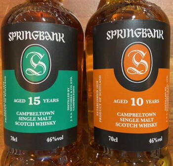 1 flaske Springbank 10 Years 46% + 1 flaske Springbank 15 Years Campbeltown Single Malt Whisky 46% 2022