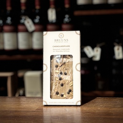 Bruuns Chokolade – Karamelchokolade med mandler og chokoladecrisp 85 g