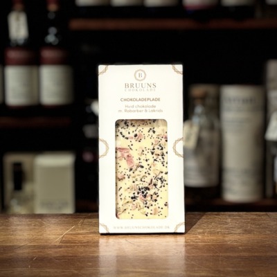 Bruuns Chokolade - Hvid chokolade med rabarber og lakrids 80 g
